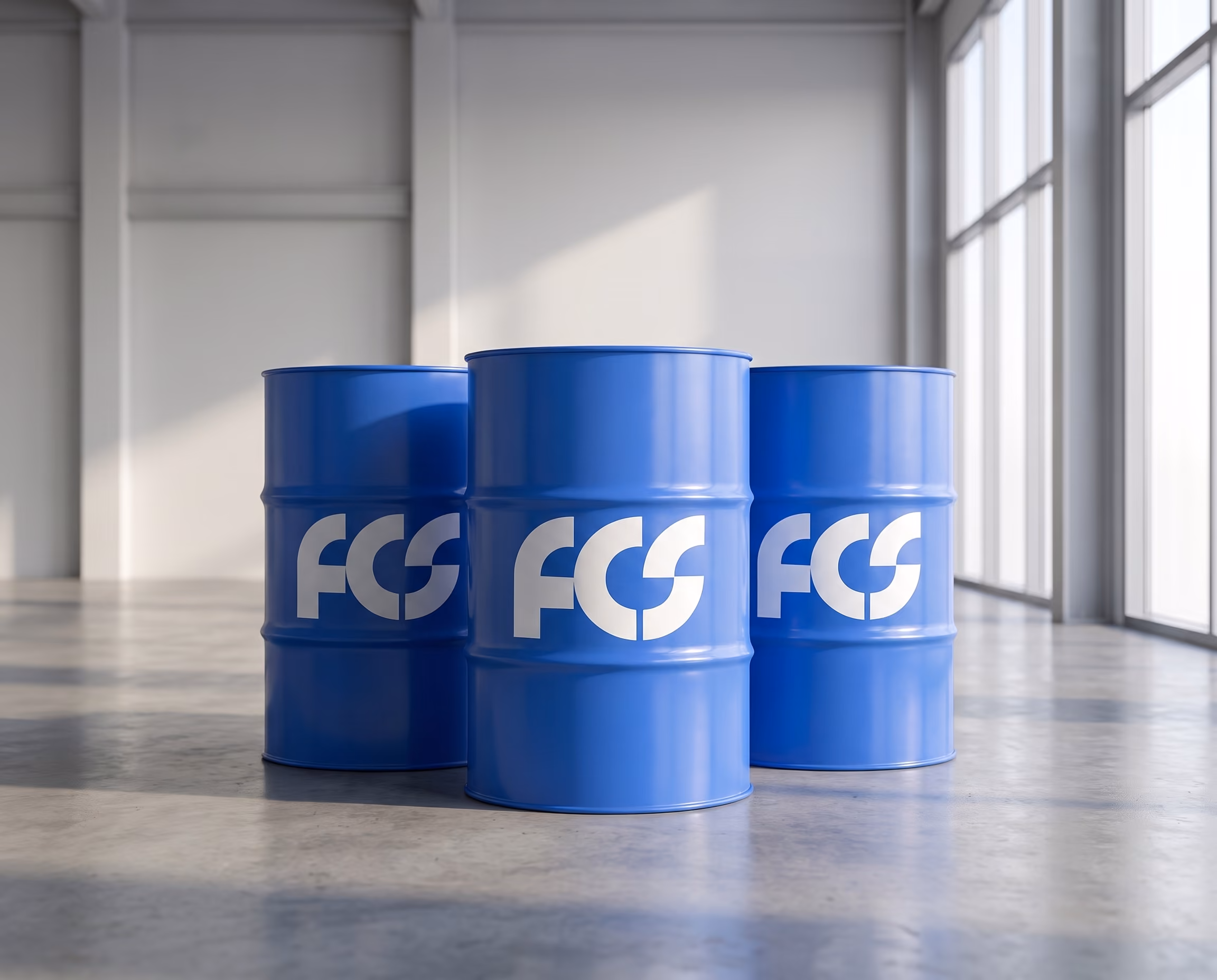 Drei blaue Fässer mit dem Zeichen FCS in einer hellen Halle